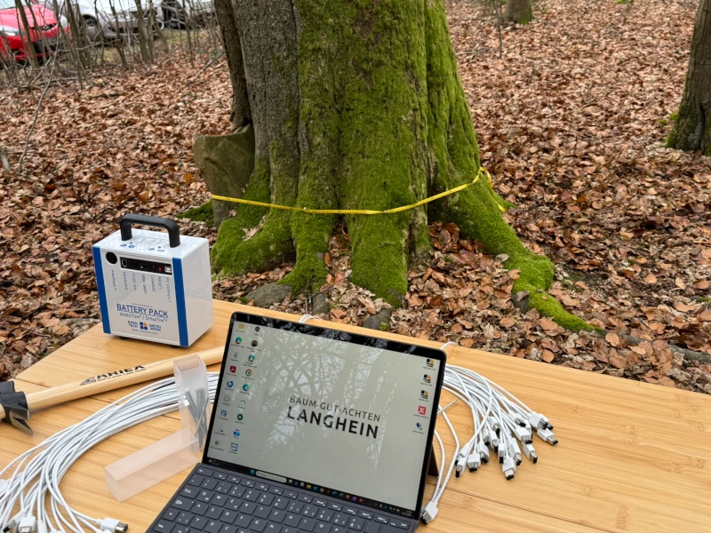Arbotom_Anwendung2 Ein Baumstamm, an dem die Technik eines Impulstomographen angebracht ist. Im Vordergrund befindet sich ein Laptop, der die Ergebnisse der Messung darstellt.